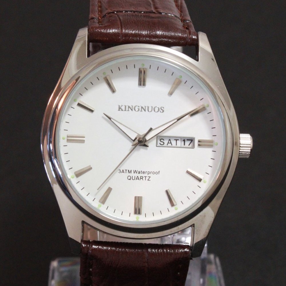 Men's Contemporary Dress Watch Silver Case Brown Leather Watch Strap 40mm - Picture 6 of 12